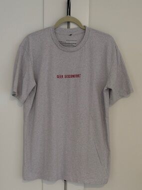 Seek Discomfort "Yes Theory" Unisex Embroidered Tee in Grey | Size Large